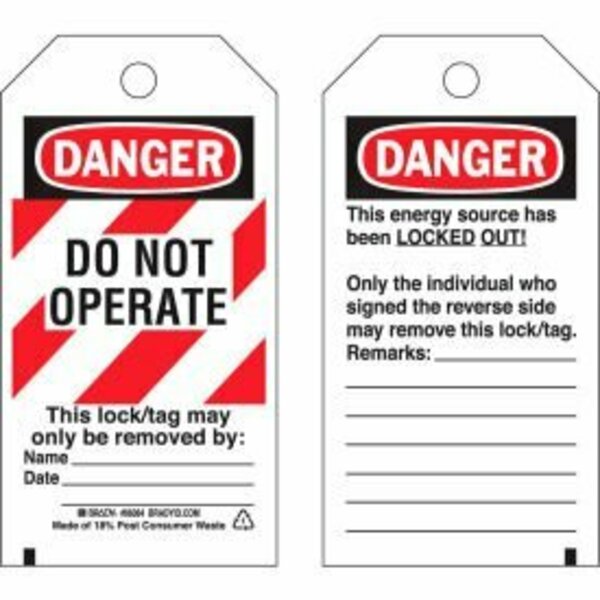 Brady Brady Lockout Tag- Danger Do Not Operate, 2 Sided, Cardstock, 25/Pack 65452